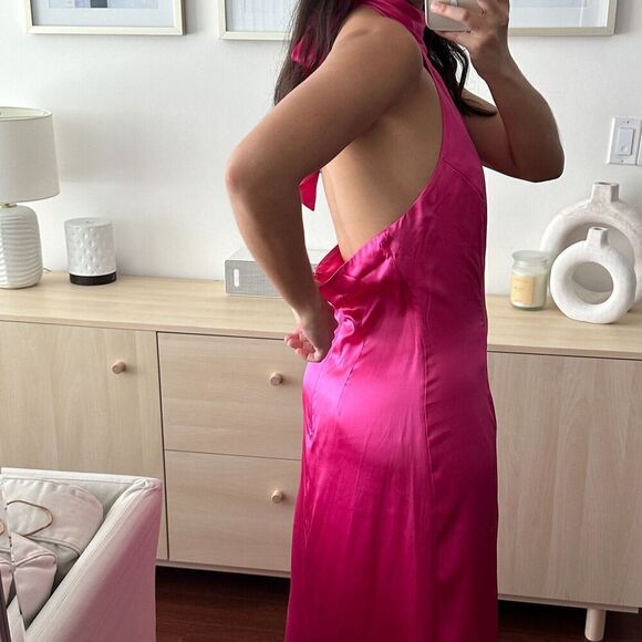 Marciano Guess 100% Silk Dress Womens 10 Maxi Gown Fuchsia Pink Halter Open Back - Picture 5 of 13